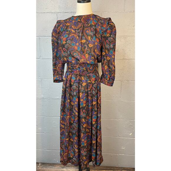 Vintage 1980s Sheer Floral Psychedelic Paisley Blouson Midi Dress Shirt Dress SM - Picture 3 of 10